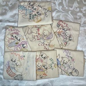 Vintage 7 Embroidered Dish Towels Cotton  3Kittens
